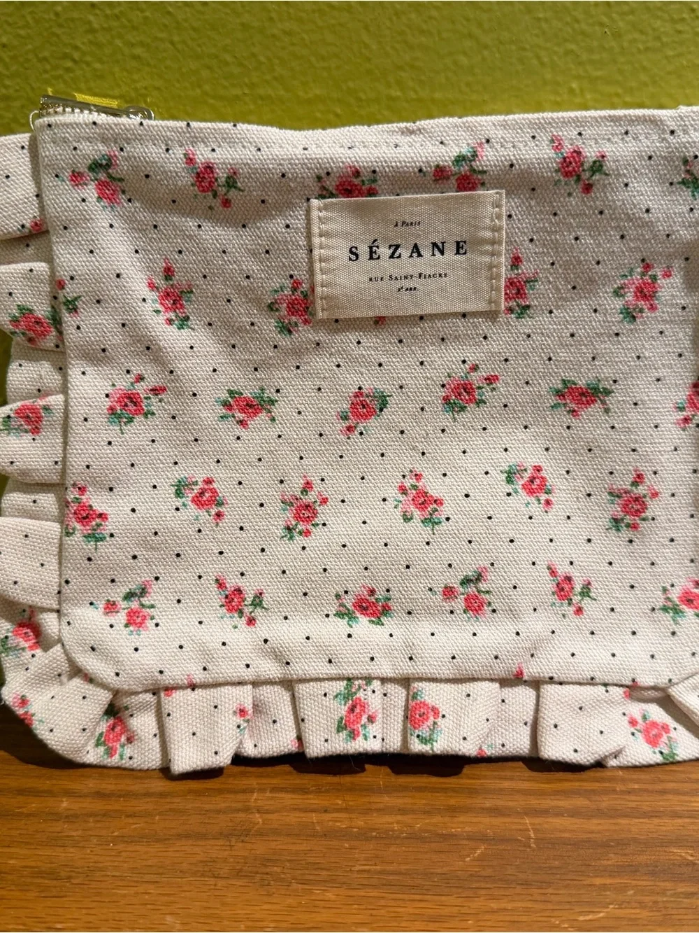Sézane Floral Ruffle Cotton Top - Cream with Pink Roses